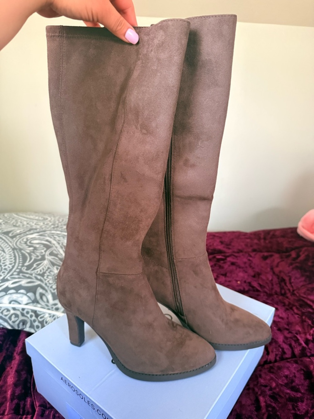 AEROSOLES Brown Suede Knee-High Heeled Boots with Side Zip - Picture 2 of 5
